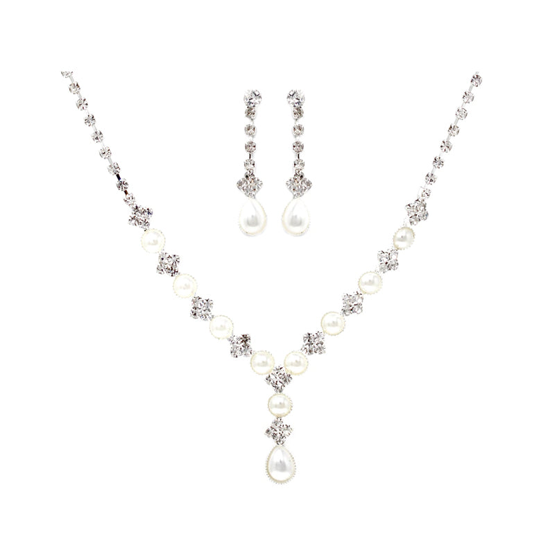 Teardrop Pearl Pendant Rhinestone Pave Short Y-Necklace Set